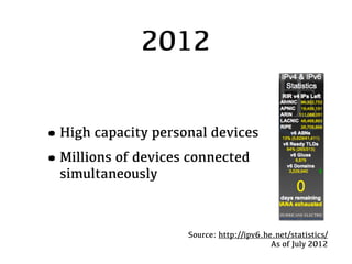 2012


•High capacity personal devices
•Millions of devices connected
  simultaneously



                    Source: http://ipv6.he.net/statistics/
                                          As of July 2012
 
