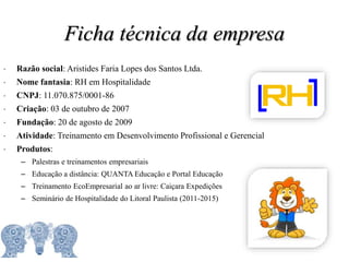 Ficha técnica da empresa
 Razão social: Aristides Faria Lopes dos Santos Ltda.
 Nome fantasia: RH em Hospitalidade
 CNPJ: 11.070.875/0001-86
 Criação: 03 de outubro de 2007
 Fundação: 20 de agosto de 2009
 Atividade: Treinamento em Desenvolvimento Profissional e Gerencial
 Produtos:
– Palestras e treinamentos empresariais
– Educação a distância: QUANTA Educação e Portal Educação
– Treinamento EcoEmpresarial ao ar livre: Caiçara Expedições
– Seminário de Hospitalidade do Litoral Paulista (2011-2015)
 