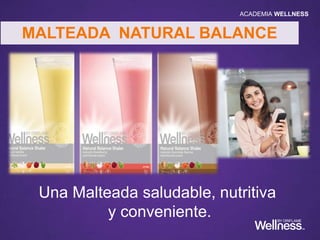 Pérdida
y Control de peso
• Previene el hambre y ansiedad por
azúcar.
• Previene el apetito excesivo y comer
en abundancia.
Energía y
Concentración
• Mantiene su cerebro alerta y su
concentración
• Mantiene la sensación de energía
durante todo el día.
• Nutrición óptima todo el día.
MALTEADA NATURAL BALANCE
ACADEMIA WELLNESS
 