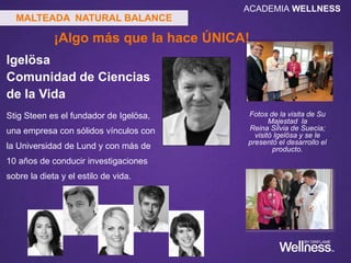 Sólo 65 calorías,
¡la misma cantidad
de una manzana!
INFORMACION NUTRIMENTAL
Por porción de 18g:
• Energía 65 kcal/280 kJ
• Proteínas 7.5 g
• Carbohidratos 6 g
• Grasas 1.5 g
=
MALTEADA NATURAL BALANCE
¡Algo más que la hace ÚNICA!
ACADEMIA WELLNESS
 