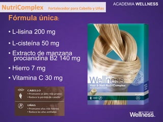 Estudio de los consumidores
•100 mujeres entre 30 – 65 años, todas
con un problema menor de caída de cabello
•3 meses de uso de NutriComplex Fortalecedor
para cabello y uñas
•Ubicación: Reino Unido
Resultados:
Estimuló uñas fuertes y bellas: 78%
Redujo la caída de cabello: 68%
Resultados Probados:
NutriComplex Fortalecedor para Cabello y Uñas
ACADEMIA WELLNESS
 