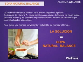 La falta de nutrimentos también tiene efectos negativos, ejemplo:
Deficiencia de vitamina A, causa problemas de visión; deficiencia de hierro puede
provocar anemia y así podemos seguir enumerando decenas de problemas por
los malos hábitos alimenticios.
Pero existe una manera conveniente y saludable de manejar el tema...
SOPA NATURAL BALANCE
ACADEMIA WELLNESS
LA SOLUCION
=
SOPA
NATURAL BALANCE
 