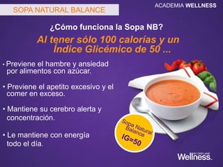 ¿Cómo funciona la Sopa NB?
Al tener sólo 100 calorías y un
Índice Glicémico de 50 ...
• Previene el hambre y ansiedad
por alimentos con azúcar.
• Previene el apetito excesivo y el
comer en exceso.
• Mantiene su cerebro alerta y
concentración.
• Le mantiene con energía
todo el día.
SOPA NATURAL BALANCE
ACADEMIA WELLNESS
 