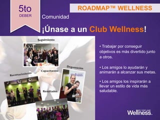 5to
DEBER Comunidad
¡Únase a un Club Wellness!
• Trabajar por conseguir
objetivos es más divertido junto
a otros.
• Los amigos lo ayudarán y
animarán a alcanzar sus metas.
• Los amigos los inspirarán a
llevar un estilo de vida más
saludable.
ROADMAP™ WELLNESS
 