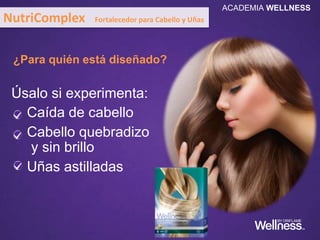 Úsalo si experimenta:
Caída de cabello
Cabello quebradizo
y sin brillo
Uñas astilladas
¿Para quién está diseñado?
NutriComplex Fortalecedor para Cabello y Uñas
ACADEMIA WELLNESS
 