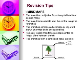 Revision Tips
? MINDMAPS
? The main idea, subject or focus is crystallized in a
The main idea, subject or focus is crystallized in a
central image
central image
? The main themes radiate from the central image as
The main themes radiate from the central image as
'branches'
'branches'
? The branches comprise a key image or key word
The branches comprise a key image or key word
drawn or printed on its associated line
drawn or printed on its associated line
? Topics of lesser importance are represented as
Topics of lesser importance are represented as
'twigs' of the relevant branch
'twigs' of the relevant branch
? The branches form a connected nodal structure
The branches form a connected nodal structure
 