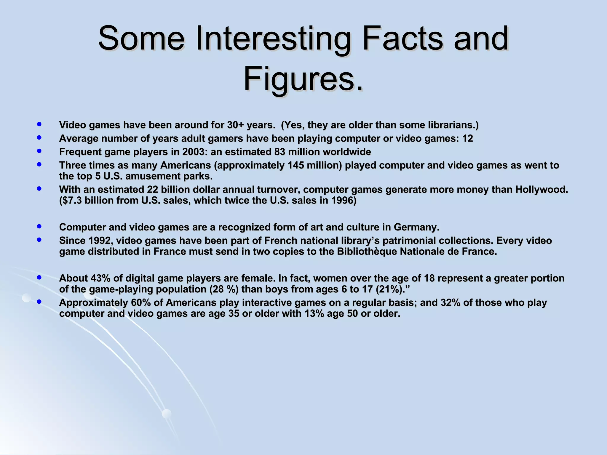 Some Interesting Facts and Figures. Video games have been around for 30+ years.  (Yes, they are older than some librarians.) Average number of years adult gamers have been playing computer or video games: 12 Frequent game players in 2003: an estimated 83 million worldwide Three times as many Americans (approximately 145 million) played computer and video games as went to the top 5 U.S. amusement parks.  With an estimated 22 billion dollar annual turnover, computer games generate more money than Hollywood.  ( $7.3 billion from U.S. sales, which twice the U.S. sales in 1996) Computer and video games are a recognized form of art and culture in Germany. Since 1992, video games have been part of French national library’s patrimonial collections. Every video game distributed in France must send in two copies to the Bibliothèque Nationale de France. About 43% of digital game players are female.  In fact, women over the age of 18 represent a greater portion of the game-playing population (28 %) than boys from ages 6 to 17 (21%).” Approximately 60% of Americans play interactive games on a regular basis; and 32% of those who play computer and video games are age 35 or older with 13% age 50 or older. 