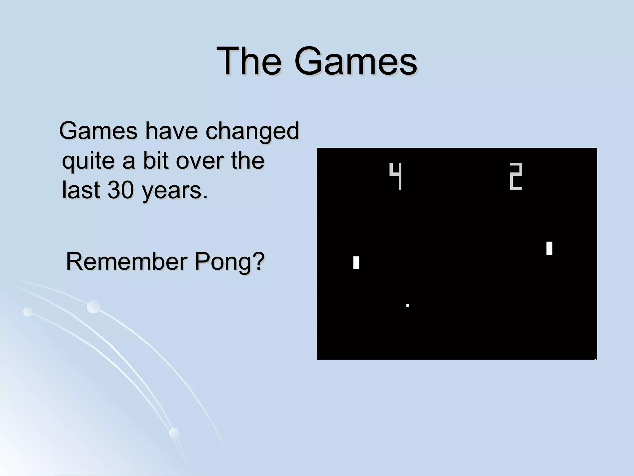 The Games Games have changed quite a bit over the last 30 years.  Remember Pong? 
