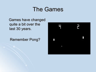 The Games Games have changed quite a bit over the last 30 years.  Remember Pong? 