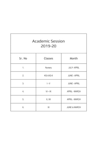  
 
 
 
 
Academic Session 
2019-20 
 
 
Sr. No 
 
Classes 
 
Month 
 
1. Nursery JULY-​ APRIL
2. KG-I,KG-II JUNE - APRIL
3. I - V JUNE - APRIL
4. VI – IX APRIL - MARCH
5. X, XII APRIL - MARCH
6. XI JUNE to MARCH
 