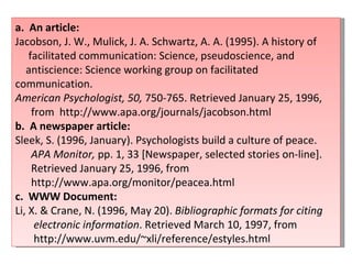 a.  An article: Jacobson, J. W., Mulick, J. A. Schwartz, A. A. (1995). A history of  facilitated communication: Science, pseudoscience, and  antiscience: Science working group on facilitated communication. American Psychologist, 50,  750-765. Retrieved January 25, 1996,  from  http://www.apa.org/journals/jacobson.html  b.  A newspaper article: Sleek, S. (1996, January). Psychologists build a culture of peace.  APA Monitor,  pp. 1, 33 [Newspaper, selected stories on-line].  Retrieved January 25, 1996, from  http://www.apa.org/monitor/peacea.html  c.  WWW Document: Li, X. & Crane, N. (1996, May 20).  Bibliographic formats for citing  electronic information . Retrieved March 10, 1997, from  http://www.uvm.edu/~xli/reference/estyles.html  