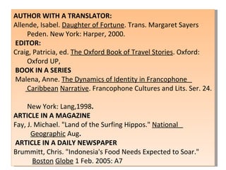 AUTHOR WITH A TRANSLATOR: Allende, Isabel.  Daughter of Fortune . Trans. Margaret Sayers  Peden. New York: Harper, 2000. EDITOR: Craig, Patricia, ed.  The Oxford Book of Travel Stories . Oxford:  Oxford UP, BOOK IN A SERIES Malena, Anne.  The Dynamics of Identity in Francophone  Caribbean   Narrative . Francophone Cultures and Lits. Ser. 24.  New York: Lang,1998 .  ARTICLE IN A MAGAZINE Fay, J. Michael. "Land of the Surfing Hippos."  National  Geographic  Aug . ARTICLE IN A DAILY NEWSPAPER Brummitt, Chris. "Indonesia's Food Needs Expected to Soar."  Boston   Globe  1 Feb. 2005: A7 