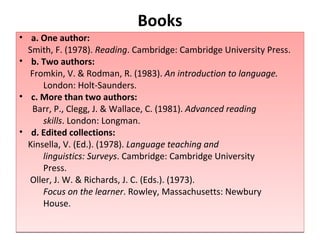 Books a. One author: Smith, F. (1978).  Reading . Cambridge: Cambridge University Press.  b. Two authors: Fromkin, V. & Rodman, R. (1983).  An introduction to language.   London: Holt-Saunders.  c. More than two authors: Barr, P., Clegg, J. & Wallace, C. (1981).  Advanced reading  skills . London: Longman.  d. Edited collections: Kinsella, V. (Ed.). (1978).  Language teaching and  linguistics: Surveys . Cambridge: Cambridge University  Press. Oller, J. W. & Richards, J. C. (Eds.). (1973).  Focus on the learner . Rowley, Massachusetts: Newbury  House.  