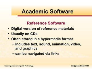    Allyn and Bacon 2005 Reference Software Digital version of reference materials Usually on CDs Often stored in a hypermedia format Includes text, sound, animation, video, and graphics can be navigated via links Academic Software 