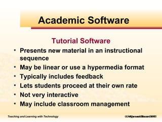    Allyn and Bacon 2005 Tutorial Software Presents new material in an instructional sequence May be linear or use a hypermedia format Typically includes feedback  Lets students proceed at their own rate Not very interactive May include classroom management Academic Software 