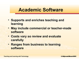    Allyn and Bacon 2005 Supports and enriches teaching and learning May include commercial or teacher-made software Costs vary so review and evaluate carefully Ranges from business to learning software Academic Software 