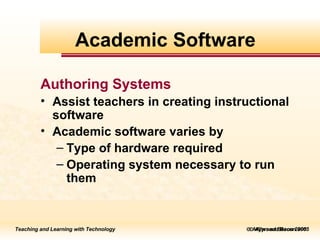    Allyn and Bacon 2005 Authoring Systems Assist teachers in creating instructional software Academic software varies by Type of hardware required Operating system necessary to run them Academic Software 