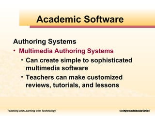    Allyn and Bacon 2005 Authoring Systems Multimedia Authoring Systems   Can create simple to sophisticated multimedia software  Teachers can make customized reviews, tutorials, and lessons Academic Software 