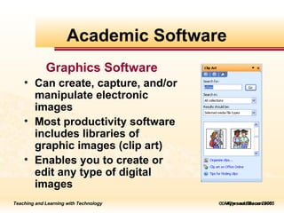    Allyn and Bacon 2005 Graphics Software Can create, capture, and/or manipulate electronic images Most productivity software includes libraries of graphic images (clip art) Enables you to create or edit any type of digital images Academic Software 