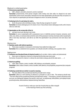 Misplaced or omitted apostrophes
18. Unnecessary apostrophes
    x    talk’s, sleep’s, avocado’s, banana’s, serie’s, business’
    Correction: present-tense, third person singular verbs ending in/s/ (she talks, he sleeps) do not need
    apostrophes; plural nouns (avocados, bananas) do not need apostrophes just because they are plural; no
    noun requires an apostrophe just because it happens to end in /s/ (series; business).

19. Confusing its for it’s and whose for who’s.
    x    Its for the person who’s birthday is today. Does the dog recognise it’s name?
    Correction: its means belonging to it; it’s means it is or it has; whose means belonging to who; who’s means
    who is or who has.

20. Apostrophes on the wrong side of the /s/.
    X one boy’s toy truck; two boy’s toy trucks
    Correction: to use an apostrophe with a possessive noun or indeﬁnite pronoun (anyone, everyone, each
    other, one, others, or someone else), write the name of the possessor (one boy; two boys), add an apostrophe
    after it (one boy’; two boys’), and add an /a/ after the apostrophe if you pronounce one (one boy’s; two
    boys’).

Missing errors
21. Question marks with indirect questions.
    x    There was a question in everyone’s mind about how stable the bridge was?
    Correction: this is a statement not a question, so it should end with a full stop, not a question mark.

Spelling errors
22. Confusion over the plural forms of classical words (such as data, criteria, media, and phenomena).
    x    there were no objective criterias for showing that the data was inaccurate.
    Correction: the plural of criterion in criteria; the word data is always plural (the data were……..).

23. American spelling.
    x    color, labor, theatre, center, traveller, fulﬁl, defense, encyclopedia, program
    Correction: colour, labour, theatre, centre, traveller, fulﬁl, defence, encyclopaedia, programme (but computer
    program).

24. Confusing words that are similar in sound or meaning.
    x    The main affect of the scandal was that the principle had to resign.
    Correction: affect is a verb meaning to inﬂuence; a principle is a rule or idea. The sentence should read,
    “The main effect of the scandal was that the principal had to resign”. If necessary, consult a dictionary to be
    sure you can distinguish between the words in each pair: accept/except; affect/effect; principle/principal;
    practice/practise; advice/advise; between/among; fewer/less.


                     A word of advice: make your own list of words that you often misspell
                                 or the meaning of which you ﬁnd confusing.




106 | Academic Writing: A Guide to Tertiary Level Writing
 