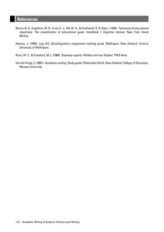 References
Bloom, B. S., Engelhart, M. D., Furst, E. J., Hill, W. H., & Krathwohl, D. R. (Eds.). (1956). Taxonomy of educational
   objectives. The classiﬁcation of educational goals: Handbook I: Cognitive domain. New York: David
   McKay.

Holmes, J. (1995). Ling 312: Sociolinguistics assignment marking guide. Wellington, New Zealand: Victoria
   University of Wellington.

Ruch, W. V., & Crawford, M. L. (1988). Business reports: Written and oral. Boston: PWS-Kent.

Van der Krogt, C. (2001). Academic writing: Study guide. Palmerston North, New Zealand: College of Education,
  Massey University.




114 | Academic Writing: A Guide to Tertiary Level Writing
 