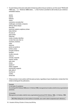 • To avoid relying on the same verbs when introducing authors into your sentence, as in the case of “McDonald
  (1992) says…” or “Anderson (2003) states…”, a list of verbs is provided to add variety to your sentence-
  embedded citations.

   agrees
   asserts
   believes
   claims
   comments; concedes that
   challenges; concludes; compares
   deﬁnes; delves deeper
   describes
   examines; explains; explores; echoes
   feels; felt that
   focuses on
   goes further
   holds that
   insists; includes; identiﬁes
   is clear that; was clear on
   maintains; mentions
   notes
   observes
   points out; points to
   prefers; poses
   provides evidence
   qualiﬁes
   recalls; recounts
   refers to
   reminds; responds
   reports; reveals
   says; sees
   shows
   speaks of
   states; suggests
   summarises; supports
   tells; tells of
   touches on
   veriﬁes
   writes that

• If there are two or more authors with the same surname, regardless of year of publication, include their ﬁrst
  initials to distinguish the publications.

   Example
   In the body of a sentence
   According to R. B. Holmes (1995) and J. S. Holmes (1995), management principles underlie many organisational
   practices.

   In brackets
   Management principles underlie many organisational practices (R. B. Holmes, 1995; J. S. Holmes, 1995).

         NB: When listing two or more authors in brackets, use a semi-colon to separate each reference.

10 | Academic Writing: A Guide to Tertiary Level Writing
 