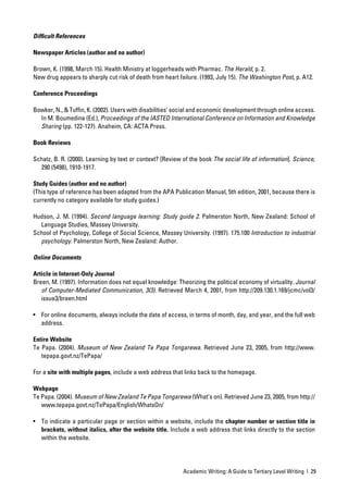 Difﬁcult References

Newspaper Articles (author and no author)

Brown, K. (1998, March 15). Health Ministry at loggerheads with Pharmac. The Herald, p. 2.
New drug appears to sharply cut risk of death from heart failure. (1993, July 15). The Washington Post, p. A12.

Conference Proceedings

Bowker, N., & Tufﬁn, K. (2002). Users with disabilities’ social and economic development through online access.
  In M. Boumedine (Ed.), Proceedings of the IASTED International Conference on Information and Knowledge
  Sharing (pp. 122-127). Anaheim, CA: ACTA Press.

Book Reviews

Schatz, B. R. (2000). Learning by text or context? [Review of the book The social life of information]. Science,
  290 (5498), 1910-1917.

Study Guides (author and no author)
(This type of reference has been adapted from the APA Publication Manual, 5th edition, 2001, because there is
currently no category available for study guides.)

Hudson, J. M. (1994). Second language learning: Study guide 2. Palmerston North, New Zealand: School of
  Language Studies, Massey University.
School of Psychology, College of Social Science, Massey University. (1997). 175.100 Introduction to industrial
  psychology. Palmerston North, New Zealand: Author.

Online Documents

Article in Internet-Only Journal
Breen, M. (1997). Information does not equal knowledge: Theorizing the political economy of virtuality. Journal
   of Computer-Mediated Communication, 3(3). Retrieved March 4, 2001, from http://209.130.1.169/jcmc/vol3/
   issue3/breen.html

• For online documents, always include the date of access, in terms of month, day, and year, and the full web
  address.

Entire Website
Te Papa. (2004). Museum of New Zealand Te Papa Tongarewa. Retrieved June 23, 2005, from http://www.
   tepapa.govt.nz/TePapa/

For a site with multiple pages, include a web address that links back to the homepage.

Webpage
Te Papa. (2004). Museum of New Zealand Te Papa Tongarewa (What’s on). Retrieved June 23, 2005, from http://
   www.tepapa.govt.nz/TePapa/English/WhatsOn/

• To indicate a particular page or section within a website, include the chapter number or section title in
  brackets, without italics, after the website title. Include a web address that links directly to the section
  within the website.




                                                           Academic Writing: A Guide to Tertiary Level Writing | 29
 