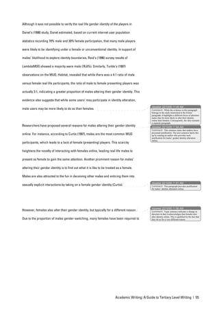 Although it was not possible to verify the real life gender identity of the players in

Danet’s (1998) study, Danet estimated, based on current internet user population

statistics recording 70% male and 30% female participation, that many male players

were likely to be identifying under a female or unconventional identity. In support of

males’ likelihood to explore identity boundaries, Reid’s (1996) survey results of

LambdaMOO showed a majority were male (76.6%). Similarly, Turkle’s (1997)

observations on the MUD, Habitat, revealed that while there was a 4:1 ratio of male

versus female real life participants, the ratio of male to female presenting players was

actually 3:1, indicating a greater proportion of males altering their gender identity. This

evidence also suggests that while some users’ may participate in identity alteration,
                                                                                                  nbowker 22/10/05 11:49 AM
male users may be more likely to do so than females.                                              Comment: While the evidence in this paragraph
                                                                                                  belongs to the study mentioned in the former
                                                                                                  paragraph, it highlights a different focus of attention:
                                                                                                  males may be more likely to alter their identity
                                                                                                  online than females. Consequently, the idea warrants
                                                                                                  a separate paragraph.
Researchers have proposed several reasons for males altering their gender identity                nbowker 22/10/05 11:54 AM
                                                                                                  Comment: This sentence states that authors have
                                                                                                  presented justification. The next sentence backs this
online. For instance, according to Curtis (1997), males are the most common MUD                   up by naming an author who provides such
                                                                                                  justification for males’ gender identity alteration
                                                                                                  online.
participants, which leads to a lack of female (presenting) players. This scarcity

heightens the novelty of interacting with females online, leading real life males to

present as female to gain the same attention. Another prominent reason for males’

altering their gender identity is to find out what it is like to be treated as a female.

Males are also attracted to the fun in deceiving other males and enticing them into
                                                                                                  nbowker 22/10/05 11:51 AM
sexually explicit interactions by taking on a female gender identity (Curtis).                    Comment: This paragraph provides justification
                                                                                                  for males’ identity alteration online.




                                                                                                  nbowker 22/10/05 11:56 AM
However, females also alter their gender identity, but typically for a different reason.          Comment: Topic sentence indicates a change in
                                                                                                  direction in that it acknowledges that females also
                                                                                                  alter identity online. This is qualified by the fact that
Due to the proportion of males gender-switching, many females have been required to               they do so for a very different reason.




                                                                          Academic Writing: A Guide to Tertiary Level Writing | 55
 