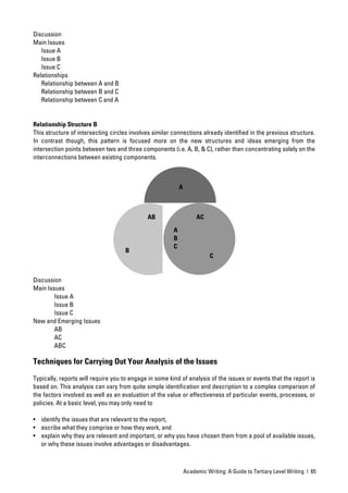 Discussion
Main Issues
   Issue A
   Issue B
   Issue C
Relationships
   Relationship between A and B
   Relationship between B and C
   Relationship between C and A


Relationship Structure B
This structure of intersecting circles involves similar connections already identiﬁed in the previous structure.
In contrast though, this pattern is focused more on the new structures and ideas emerging from the
intersection points between two and three components (i.e. A, B, & C), rather than concentrating solely on the
interconnections between existing components.



                                                            A



                                             AB                      AC

                                                        A
                                                        B
                                                        C
                                    B
                                                                           C


Discussion
Main Issues
        Issue A
        Issue B
        Issue C
New and Emerging Issues
        AB
        AC
        ABC

Techniques for Carrying Out Your Analysis of the Issues

Typically, reports will require you to engage in some kind of analysis of the issues or events that the report is
based on. This analysis can vary from quite simple identiﬁcation and description to a complex comparison of
the factors involved as well as an evaluation of the value or effectiveness of particular events, processes, or
policies. At a basic level, you may only need to

• identify the issues that are relevant to the report,
• escribe what they comprise or how they work, and
• explain why they are relevant and important, or why you have chosen them from a pool of available issues,
  or why these issues involve advantages or disadvantages.



                                                                Academic Writing: A Guide to Tertiary Level Writing | 65
 