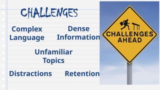 CHALLENGES
Complex
Language
Dense
Information
Unfamiliar
Topics
Distractions Retention
 