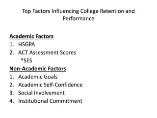 Top Factors Influencing College Retention and
Performance
Academic Factors
1. HSGPA
2. ACT Assessment Scores
*SES
Non-Academic Factors
1. Academic Goals
2. Academic Self-Confidence
3. Social Involvement
4. Institutional Commitment
 