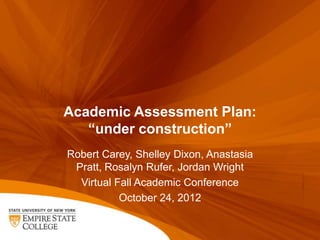 Academic Assessment Plan:
   “under construction”
Robert Carey, Shelley Dixon, Anastasia
 Pratt, Rosalyn Rufer, Jordan Wright
  Virtual Fall Academic Conference
           October 24, 2012
 
