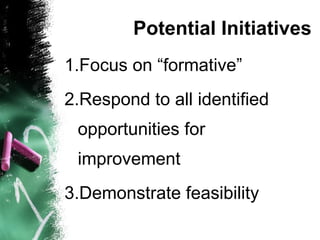 Potential Initiatives Focus on “formative” Respond to all identified opportunities for improvement Demonstrate feasibility 