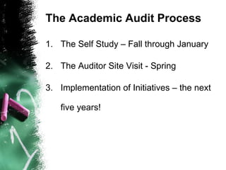 The Academic Audit Process The Self Study – Fall through January  The Auditor Site Visit - Spring Implementation of Initiatives – the next five years! 