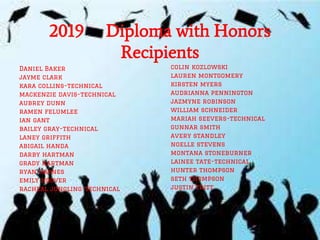 2019 Diploma with Honors
Recipients
colin kozlowski
lauren montgomery
kirsten myers
audrianna pennington
jazmyne robinson
william schneider
mariah seevers-technical
gunnar smith
avery standley
noelle stevens
montana stoneburner
lainee tate-technical
hunter thompson
seth thompson
justin tritt
Daniel Baker
jayme clark
kara collins-technical
mackenzie davis-technical
aubrey dunn
ramen felumlee
ian gant
bailey gray-technical
laney griffith
abigail handa
darby hartman
grady hartman
ryan haynes
emily hoover
racheal jungling-technical
 