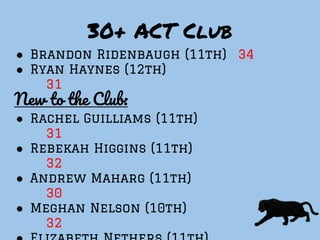 30+ ACT Club
● Brandon Ridenbaugh (11th) 34
● Ryan Haynes (12th)
31
New to the Club:
● Rachel Guilliams (11th)
31
● Rebekah Higgins (11th)
32
● Andrew Maharg (11th)
30
● Meghan Nelson (10th)
32
 