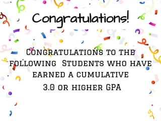 Congratulations!
Congratulations to the
following Students who have
earned a cumulative
3.0 or higher GPA
 