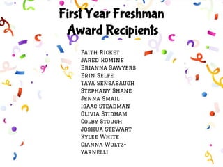 First Year Freshman
Award Recipients
Faith Ricket
Jared Romine
Brianna Sawyers
Erin Selfe
Taya Sensabaugh
Stephany Shane
Jenna Smail
Isaac Steadman
Olivia Stidham
Colby Stough
Joshua Stewart
Kylee White
Cianna Woltz-
Yarnelli
 