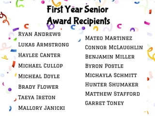 Ryan Andrews
Lukas Armstrong
Haylee Canter
Michael Cullop
Micheal Doyle
Brady Flower
Taeya Ireton
Mallory Janicki
First Year Senior
Award Recipients
Mateo Martinez
Connor McLaughlin
Benjamin Miller
Byron Postle
Michayla Schmitt
Hunter Shumaker
Matthew Stafford
Garret Toney
 