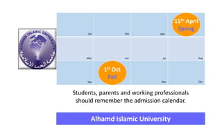 Students, parents and working professionals
should remember the admission calendar.
Alhamd Islamic University
15th April
Spring
1st Oct
Fall
Jan Feb Mar
May Jun Jul Aug
Sep Nov Dec
 