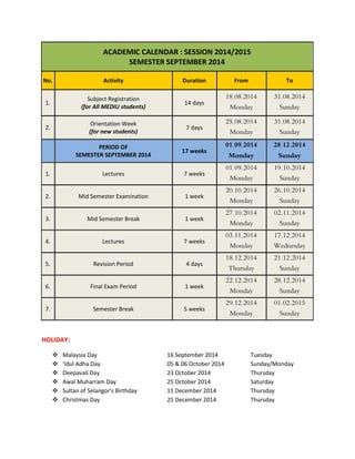 ACADEMIC CALENDAR : SESSION 2014/2015 SEMESTER SEPTEMBER 2014 No. Activity Duration From To 1. Subject Registration (for All MEDIU students) 14 days 18.08.2014 Monday 31.08.2014 Sunday 2. Orientation Week (for new students) 7 days 25.08.2014 Monday 31.08.2014 Sunday PERIOD OF SEMESTER SEPTEMBER 2014 17 weeks 01.09.2014 Monday 28.12.2014 Sunday 1. Lectures 7 weeks 01.09.2014 Monday 19.10.2014 Sunday 2. Mid Semester Examination 1 week 20.10.2014 Monday 26.10.2014 Sunday 3. Mid Semester Break 1 week 27.10.2014 Monday 02.11.2014 Sunday 4. Lectures 7 weeks 03.11.2014 Monday 17.12.2014 Wednesday 5. Revision Period 4 days 18.12.2014 Thursday 21.12.2014 Sunday 6. Final Exam Period 1 week 22.12.2014 Monday 28.12.2014 Sunday 7. Semester Break 5 weeks 29.12.2014 Monday 01.02.2015 Sunday 
HOLIDAY: 
 Malaysia Day 16 September 2014 Tuesday 
 ‘Idul Adha Day 05 & 06 October 2014 Sunday/Monday 
 Deepavali Day 23 October 2014 Thursday 
 Awal Muharram Day 25 October 2014 Saturday 
 Sultan of Selangor's Birthday 11 December 2014 Thursday 
 Christmas Day 25 December 2014 Thursday  