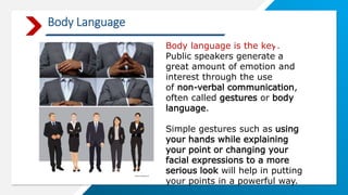Body Language
Body language is the key:
Public speakers generate a
great amount of emotion and
interest through the use
of non-verbal communication,
often called gestures or body
language.
Simple gestures such as using
your hands while explaining
your point or changing your
facial expressions to a more
serious look will help in putting
your points in a powerful way.
 