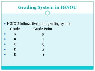 Grading System in IGNOU
 IGNOU follows five point grading system
Grade Grade Point
 A 5
 B 4
 C 3
 D 2
 E 1
 