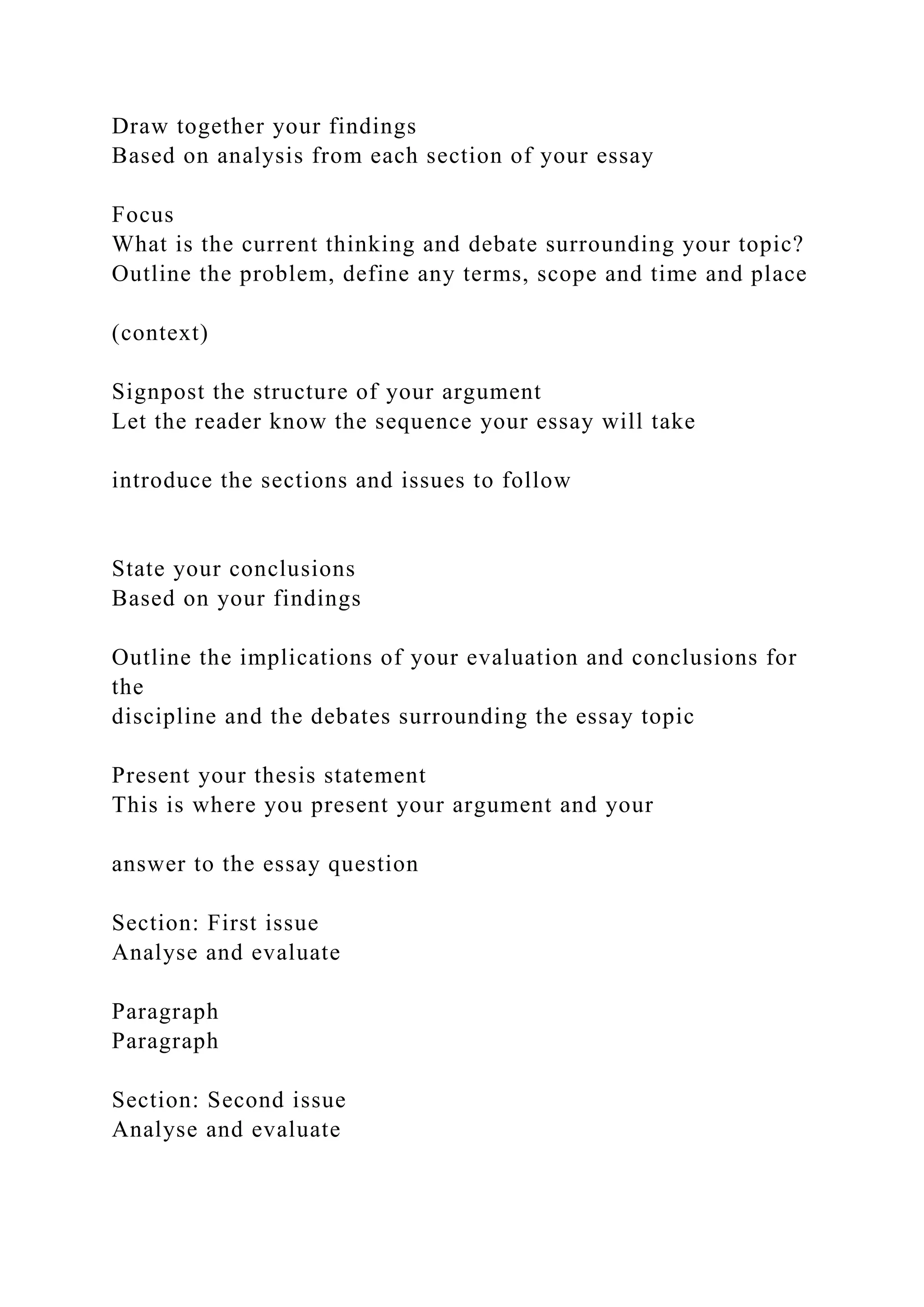 Draw together your findings
Based on analysis from each section of your essay
Focus
What is the current thinking and debate surrounding your topic?
Outline the problem, define any terms, scope and time and place
(context)
Signpost the structure of your argument
Let the reader know the sequence your essay will take
introduce the sections and issues to follow
State your conclusions
Based on your findings
Outline the implications of your evaluation and conclusions for
the
discipline and the debates surrounding the essay topic
Present your thesis statement
This is where you present your argument and your
answer to the essay question
Section: First issue
Analyse and evaluate
Paragraph
Paragraph
Section: Second issue
Analyse and evaluate
 
