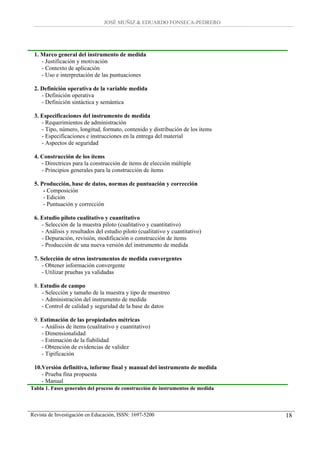 JOSÉ MUÑIZ & EDUARDO FONSECA-PEDRERO




 1. Marco general del instrumento de medida
    - Justificación y motivación
    - Contexto de aplicación
    - Uso e interpretación de las puntuaciones

 2. Definición operativa de la variable medida
    - Definición operativa
    - Definición sintáctica y semántica

 3. Especificaciones del instrumento de medida
    - Requerimientos de administración
    - Tipo, número, longitud, formato, contenido y distribución de los ítems
    - Especificaciones e instrucciones en la entrega del material
    - Aspectos de seguridad

 4. Construcción de los ítems
    - Directrices para la construcción de ítems de elección múltiple
    - Principios generales para la construcción de ítems

 5. Producción, base de datos, normas de puntuación y corrección
     - Composición
     - Edición
     - Puntuación y corrección

 6. Estudio piloto cualitativo y cuantitativo
    - Selección de la muestra piloto (cualitativo y cuantitativo)
    - Análisis y resultados del estudio piloto (cualitativo y cuantitativo)
    - Depuración, revisión, modificación o construcción de ítems
    - Producción de una nueva versión del instrumento de medida

 7. Selección de otros instrumentos de medida convergentes
    - Obtener información convergente
    - Utilizar pruebas ya validadas

 8. Estudio de campo
    - Selección y tamaño de la muestra y tipo de muestreo
    - Administración del instrumento de medida
    - Control de calidad y seguridad de la base de datos

 9. Estimación de las propiedades métricas
    - Análisis de ítems (cualitativo y cuantitativo)
    - Dimensionalidad
    - Estimación de la fiabilidad
    - Obtención de evidencias de validez
    - Tipificación

 10.Versión definitiva, informe final y manual del instrumento de medida
    - Prueba fina propuesta
    - Manual
Tabla 1. Fases generales del proceso de construcción de instrumentos de medida



Revista de Investigación en Educación, ISSN: 1697-5200                           18
 