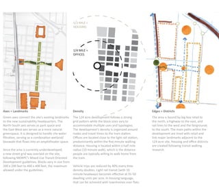 1/2 MILE =
                                                   HOUSING




                                                   1/4 MILE =
                                                   OFFICES




Axes + Landmarks                                   Density                                              Edges + Districts
Green axes connect the site’s existing landmarks   The 124 acre development follows a strong            The area is bound by big box retail to
to the new sustainability headquarters. The        grid pattern while the block sizes vary to           the north, a highway to the east, and
North-South axis serves as park space and          accommodate multiple uses and typologies.            rail lines to the west and the fairgrounds
the East-West axis serves as a more natural        The development’s density is organized around        to the south. The main paths within the
greenspace. It is designed to handle site water    nodes and travel times to the train station.         development are lined with retail and
ﬁltration, serving as a combination wetland/       Oﬃces are located close to the light rail station,   link major landmarks adjacent to the
bioswale that ﬂows into an amphitheater space.     predominantly within the ﬁve minute walking          124 acre site. Housing and oﬃce districts
                                                   distance. Housing is located within a half mile      are created following transit walking
Since the area is currently underdeveloped,        radius (10 minute walk), which is the distance       research.
a new street grid was overlaid on the site,        people are typically willing to walk home from
following MORPC’s Mixed Use Transit Oriented       the train.
Development guidelines. Blocks vary in size from
200 x 200 feet to 400 x 400 feet, the maximum      Vehicle trips are reduced by 40% every time
allowed under the guidelines.                      density doubles. Light rail transit (with 10
                                                   minute headways) becomes eﬀective at 35-50
                                                   dwelling units per acre. In housing language,
                                                   that can be achieved with townhomes over ﬂats.
 