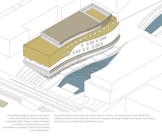 The building integrates green roofs, green   The Sustainability and Community Center steps in and out, curving along the south facade. The
       walls, photovoltaics, operable windows,    building has been carved away like the ravine landscape, allowing daylight to penetrate the building
   sunshading, light shelves, rooftop rainwater   and terraces to overlook the amphitheater space.
          harvesting, recycled materials, and a
stormwater management system that doubles
                            as an amphitheater.
 