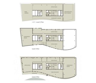 OFFICE SPACE



ROOF                                       WC     DATA        CONTEMPLATIVE
GARDEN                                                        ROOF GARDEN
                                     JAN   WC


                                           COMMUNITY LOUNGE


              1:50’ | Level 5 Plan




                                           OFFICE SPACE



CONFERENCE                                 WC     DATA
ROOM
                                     JAN   WC



                                           OFFICE SPACE



              Level 3 Plan




                                           OPEN OFFICE



OPEN OFFICE                                WC    DATA             CONFERENCE
                                                                  ROOM
                                     JAN   WC



                                           CONF SPILLOVER
              OVERLOOK


              Level 2 Plan
 