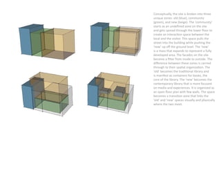 Conceptually, the site is broken into three
unique zones: old (blue), community
(green), and new (beige). The ‘community’
starts as an undeﬁned zone on the site
and gets spread through the lower ﬂoor to
create an interaction space between the
local and the visitor. This space pulls the
street into the building while pushing the
‘new’ up oﬀ the ground level. The ‘new’
is a mass that expands to represent a fully
developed area. The facades on the site
become a ﬁlter from inside to outside. The
diﬀerence between these zones is carried
through to their spatial organization. The
‘old’ becomes the traditional library and
is manifest as containers for books, the
core of the library. The ‘new’ becomes the
contemporary library that is more focused
on media and experiences. It is organized as
an open ﬂoor plan with few walls. The space
becomes a transition zone that links the
‘old’ and ‘new’ spaces visually and physically
where the two meet.
 