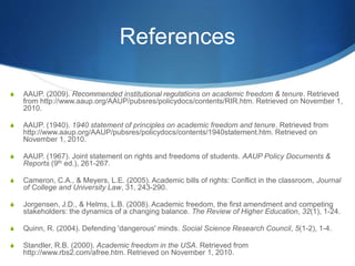 References
S AAUP. (2009). Recommended institutional regulations on academic freedom & tenure. Retrieved
from http://www.aaup.org/AAUP/pubsres/policydocs/contents/RIR.htm. Retrieved on November 1,
2010.
S AAUP. (1940). 1940 statement of principles on academic freedom and tenure. Retrieved from
http://www.aaup.org/AAUP/pubsres/policydocs/contents/1940statement.htm. Retrieved on
November 1, 2010.
S AAUP. (1967). Joint statement on rights and freedoms of students. AAUP Policy Documents &
Reports (9th ed.), 261-267.
S Cameron, C.A., & Meyers, L.E. (2005). Academic bills of rights: Conflict in the classroom, Journal
of College and University Law, 31, 243-290.
S Jorgensen, J.D., & Helms, L.B. (2008). Academic freedom, the first amendment and competing
stakeholders: the dynamics of a changing balance. The Review of Higher Education, 32(1), 1-24.
S Quinn, R. (2004). Defending 'dangerous' minds. Social Science Research Council, 5(1-2), 1-4.
S Standler, R.B. (2000). Academic freedom in the USA. Retrieved from
http://www.rbs2.com/afree.htm. Retrieved on November 1, 2010.
 